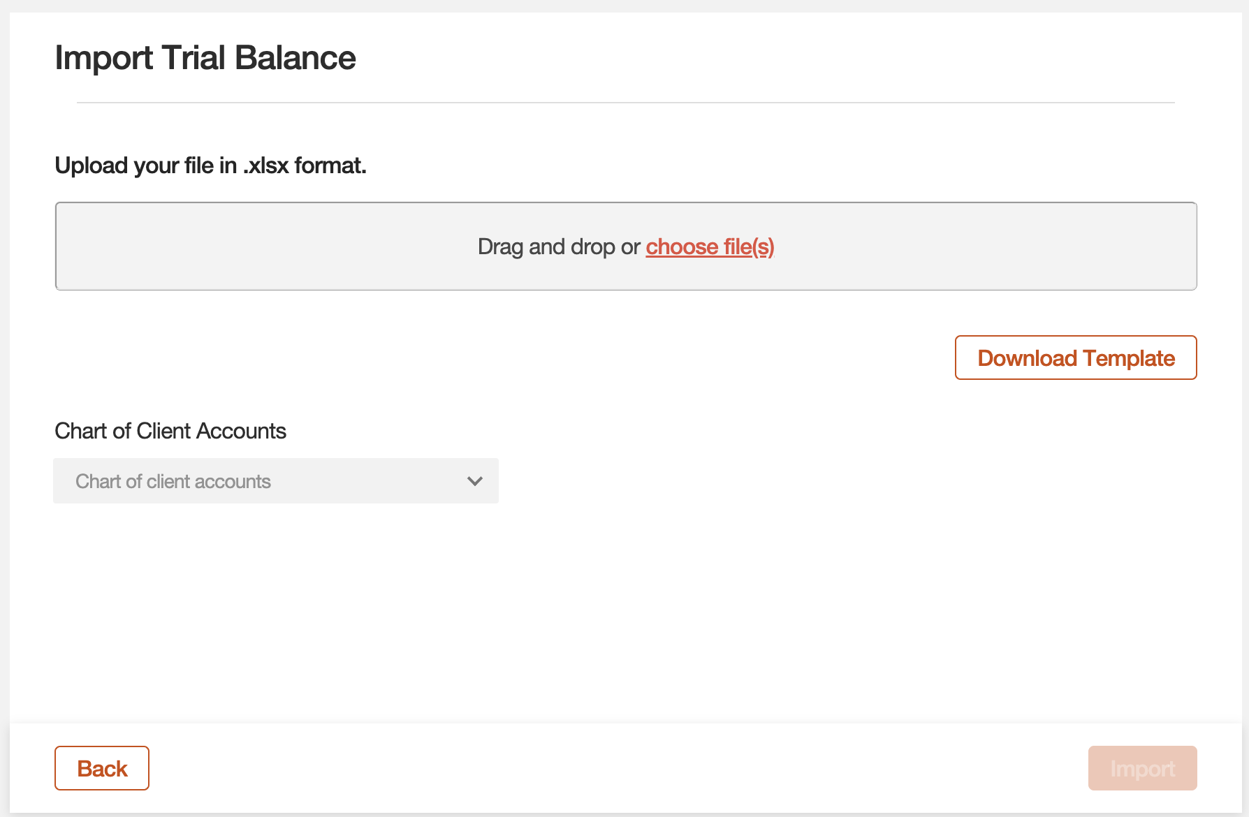 Import screen for the Trial Balance